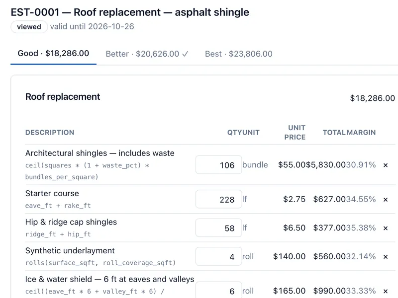 An asphalt shingle roof estimate with good, better and best options and line items worked out from the roof measurements