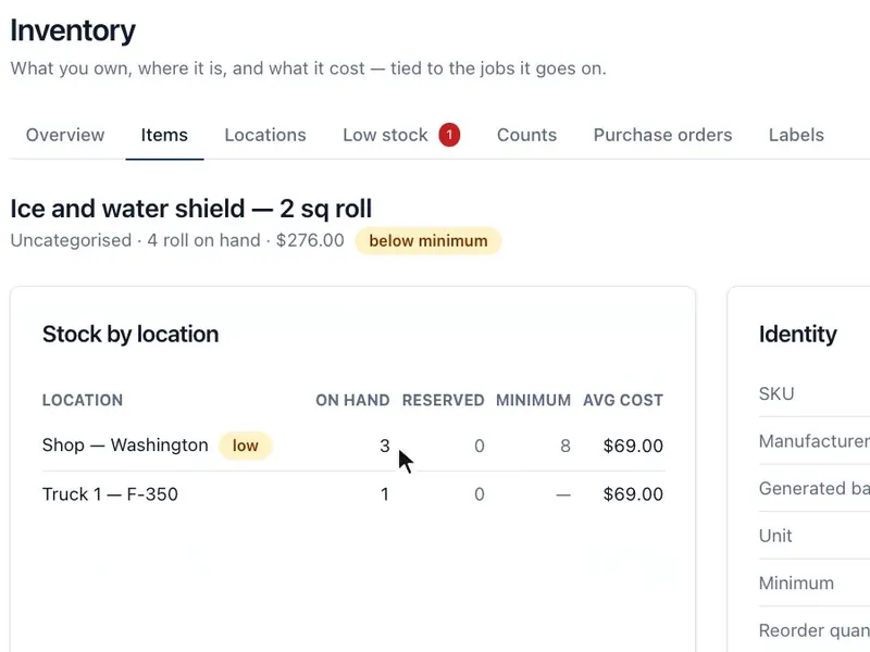 Ice and water shield stock by location: three rolls in the shop, marked low against a minimum of eight, and one on a truck