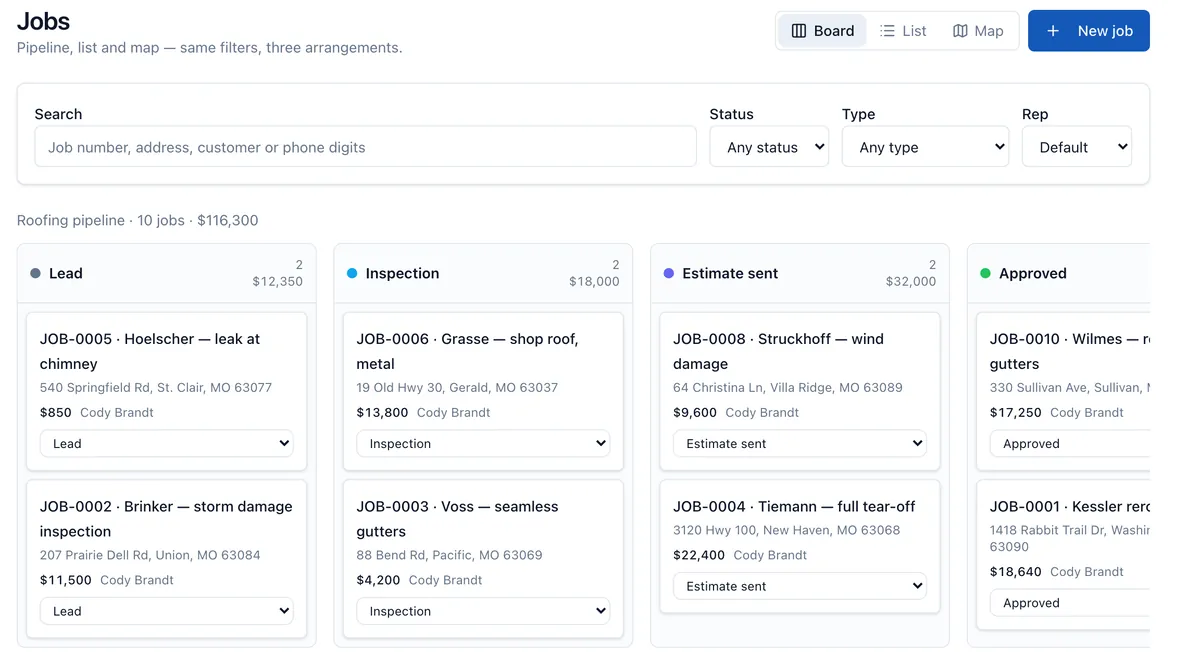 The jobs board with ten jobs across stages: lead, inspection, estimate sent and approved, each with its address, price and sales rep
