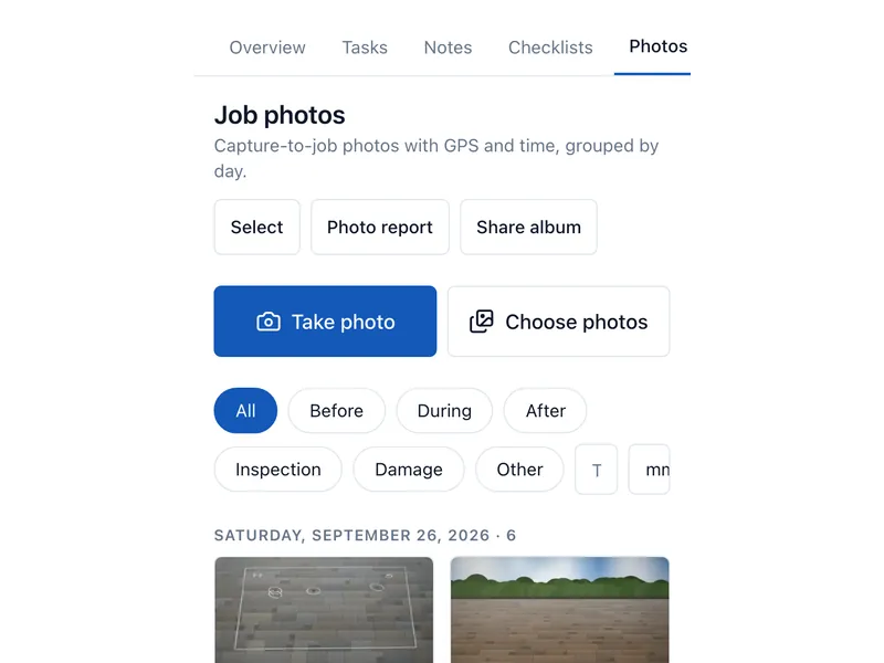 A job’s photos on a phone, tagged damage, during, after and inspection, with buttons to take or choose photos