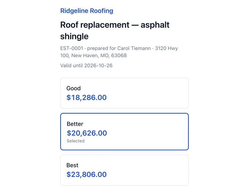 A homeowner’s view of a roof replacement proposal on a phone, choosing between good, better and best prices