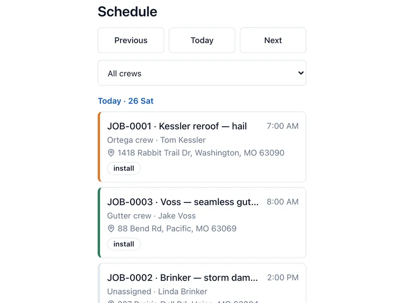 The schedule on a phone: today’s reroof and gutter installs with their crews and addresses