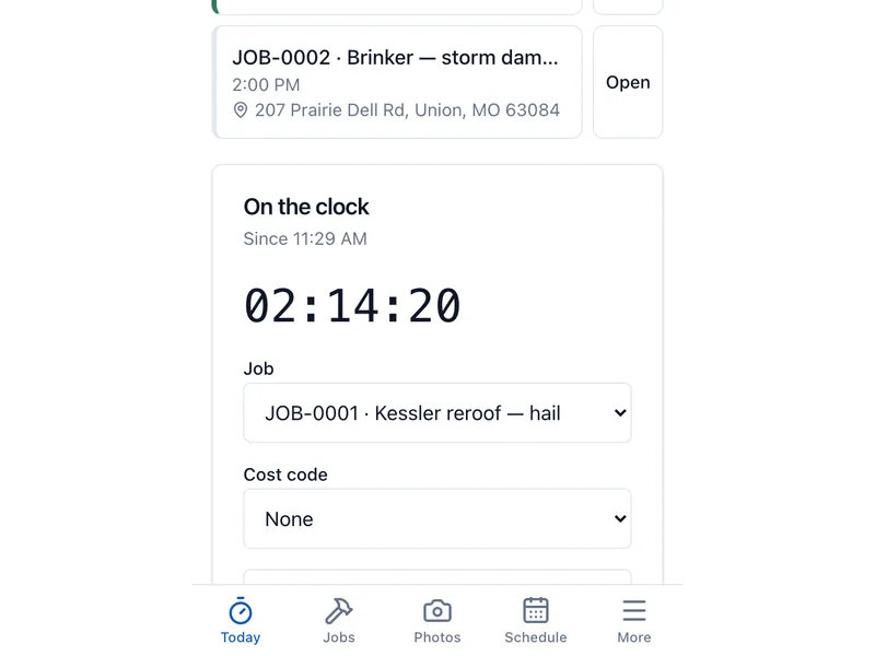 The crew time clock on a phone, on the clock for two hours fourteen minutes on a hail reroof job